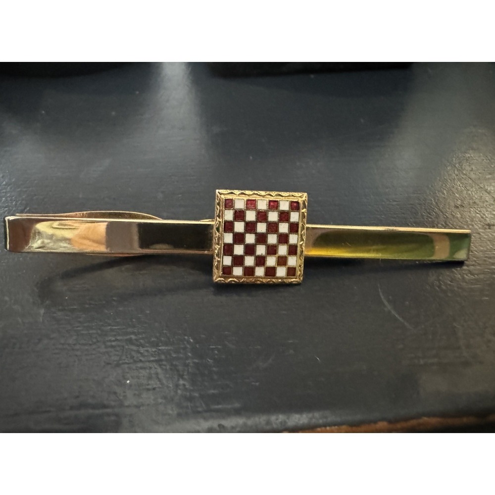 Hickok Tie Clip Checkerboard Enamel Red & White